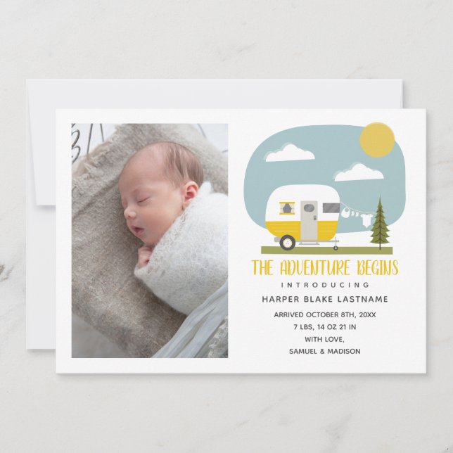 Faire-part L'aventure commence Camper Jaune Naissance bébé (Devant)