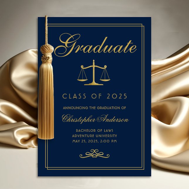 Faire-part Law Blue Gold Scales of Justice College Graduation (Navy blue and gold scales of justice college graduation announcement for lawyers)