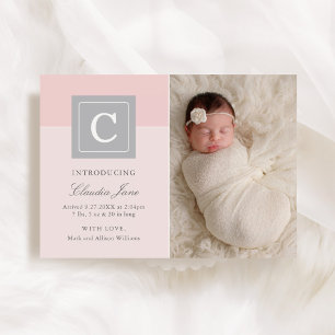Faire-part Lettre élégante Bloc Bébé Fille Photo Naissance ro