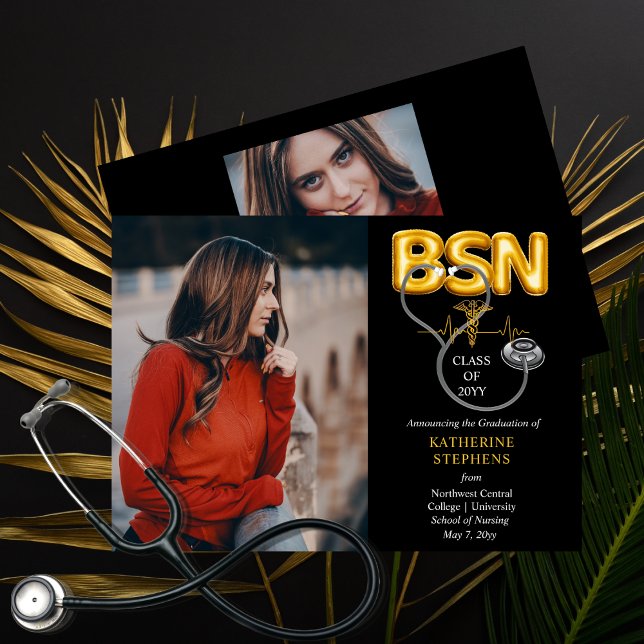 Faire-part Lettres à ballons BSN Caduceus Stethoscope Grad (Balloon Letters "BSN" Caduceus Nurse Photo and Stethoscope Graduation Announcement -Print | Download)