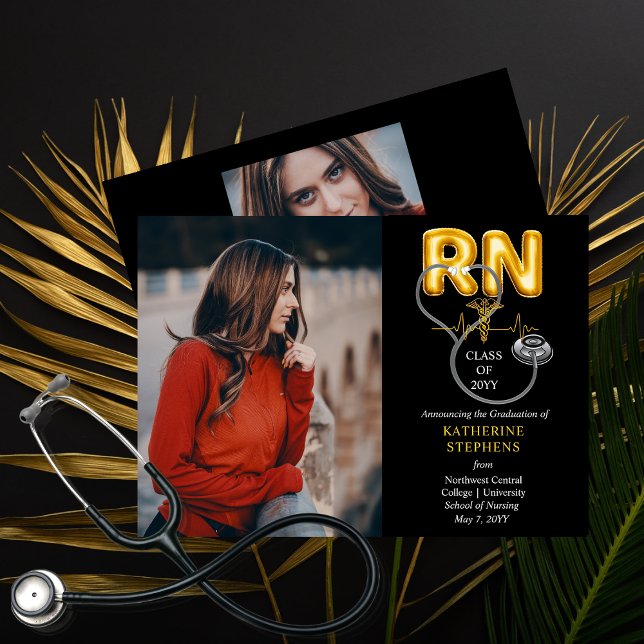 Faire-part Lettres à ballons RN Caduceus Stethoscope Graduati (Balloon Letters "RN" Nurse Nursing Caduceus Stethoscope Graduate Grad Announcement - Print Digital)