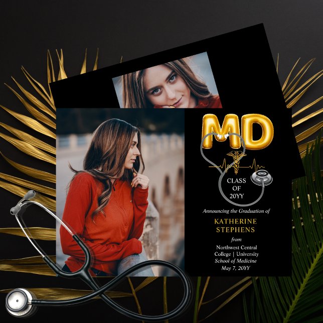 Faire-part Lettres de ballons MD Caduceus Stethoscope Graduat (Balloon Letters "MD" Caduceus Stethoscope Doctor | Physician Graduation Announcement Print | Digital)