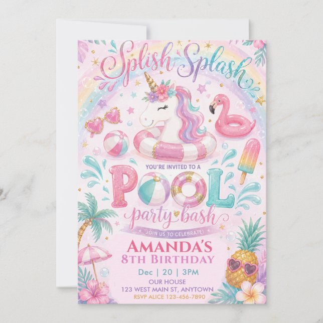 Faire-part Licorne Flotte Splash Piscine Fille ann (Devant)