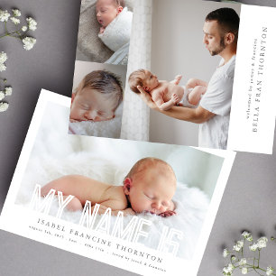 Faire-part LIGNES BOLD TEXTE NOM collage photo bébé naissance