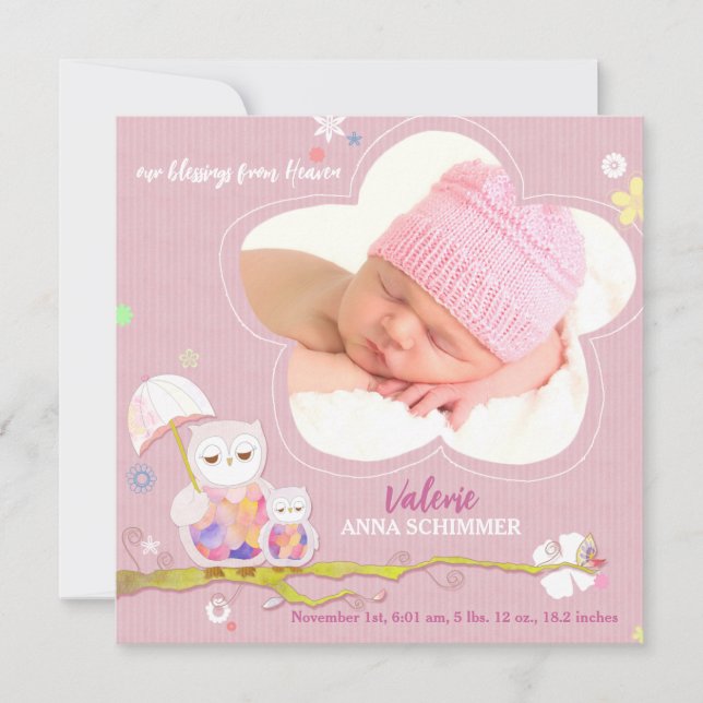 Faire-part Lil Owls Pink Baby Girl Photo Naissance (Devant)
