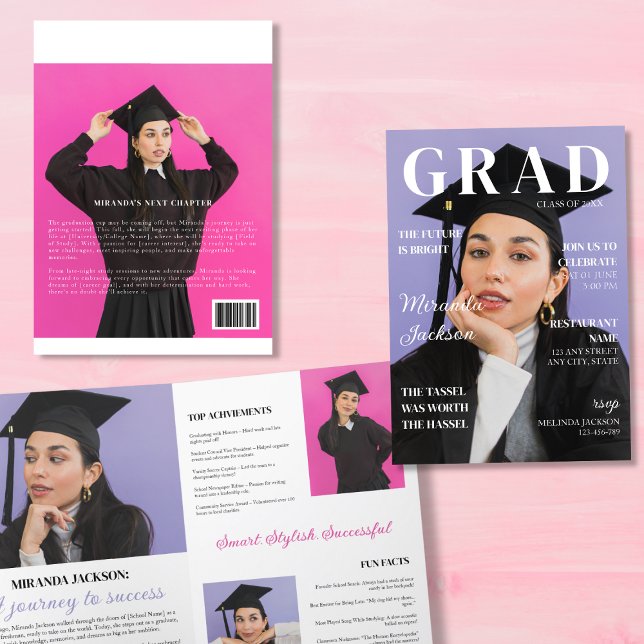 Faire-part Livret de Magazine de Remise de Diplômes 4 Pages A (Graduation Magazine Booklet 4 Pages Fun Modern Announcement)