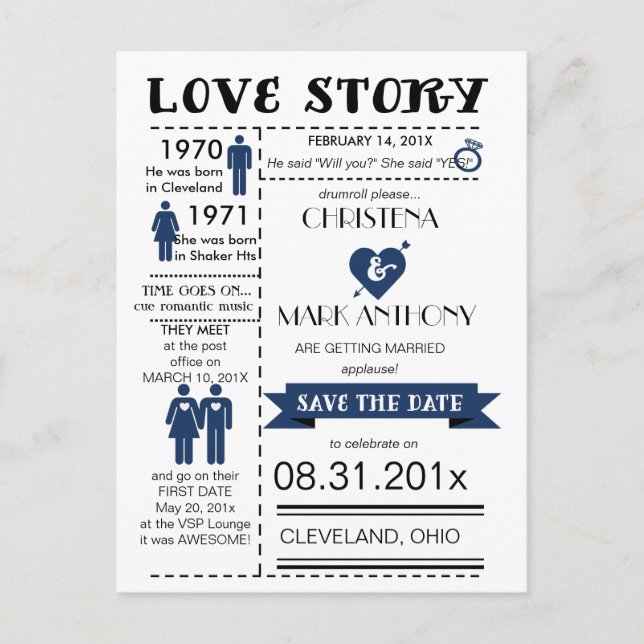 Faire-part Love Story Enregistrer La Date Carte Postale (Navy (Devant)