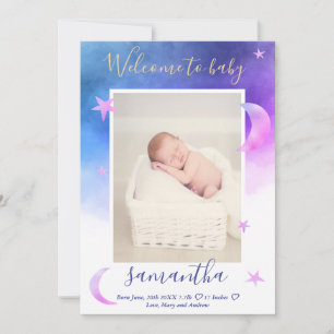 Faire-part lune étoiles dorées rose photo naissance bébé aqua