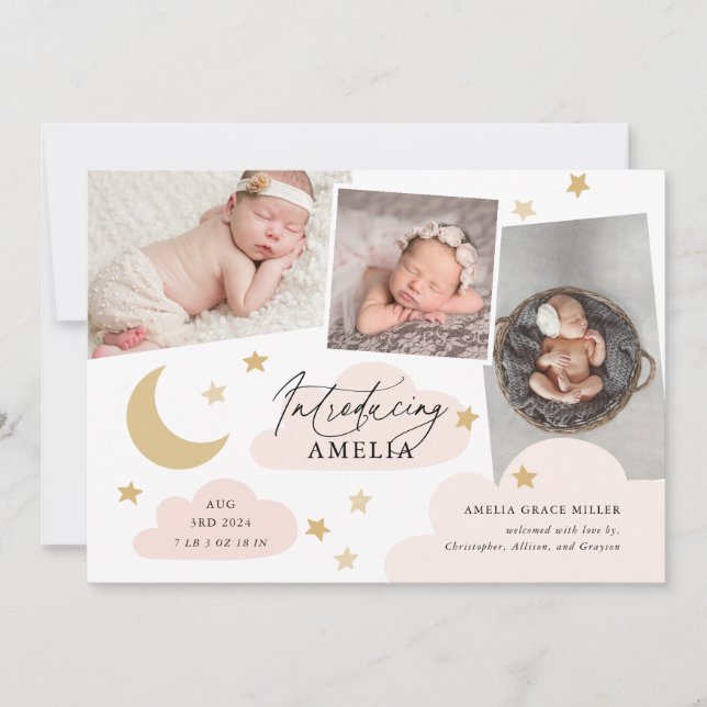 Faire-part Lune Étoiles Nuages 3 Photo Collage Rose Naissance (Devant)