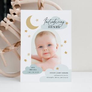 Faire-part Lune Étoiles Nuages Arc Photo Bébé Bleu Naissance