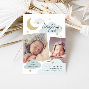 Faire-part Lune Étoiles Nuages Collage Photo Bébé Bleu Naissa