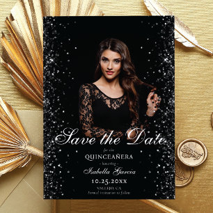 Faire-part Luxury Black Gold Quinceañera Photo Enregistrer la