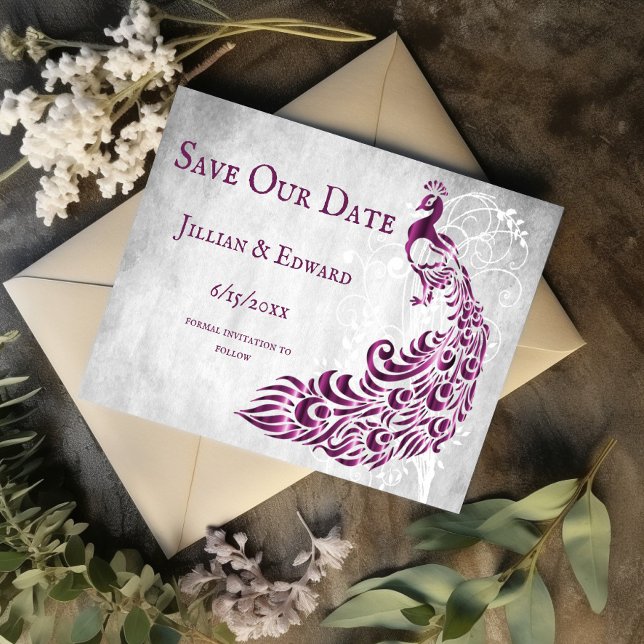 Faire-part Magenta Peacock Leaf Vine Enregistrer La Date (Magenta Peacock Leaf Vine Save the Date)