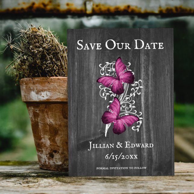 Faire-part Magenta Rustic Butterfly Enregistrer La Date (Magenta Rustic Butterfly Save the Date)