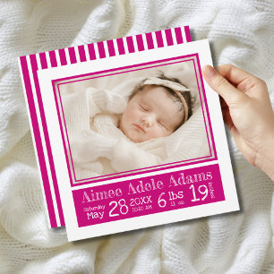 Faire-part Magenta Stripes Bébé Photo Birth Stats