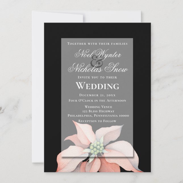 Faire-part Magie de Noël/ Fleur de Poinsettia/ Mariage Noir (Devant)