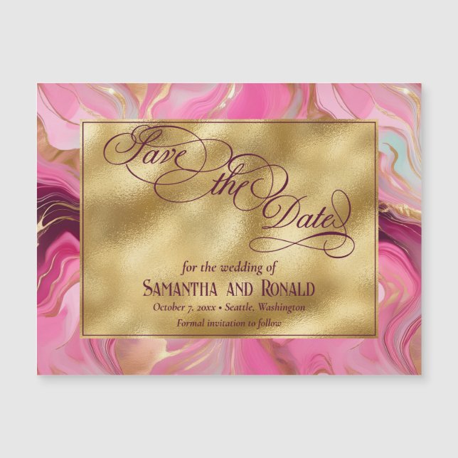 Faire-part magnétique Mariage en marbre rose or (Devant)