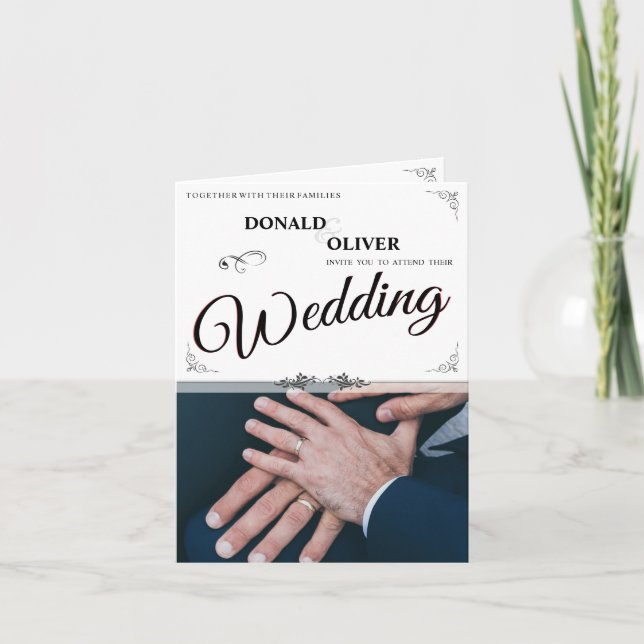 Faire-part Mains d'un couple gay de mariage avec des anneaux (Devant)