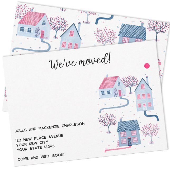 Faire-part Maison aquarelle Changement d'adresse (We have moved New Home moving announcement with custom text and house illustrations)