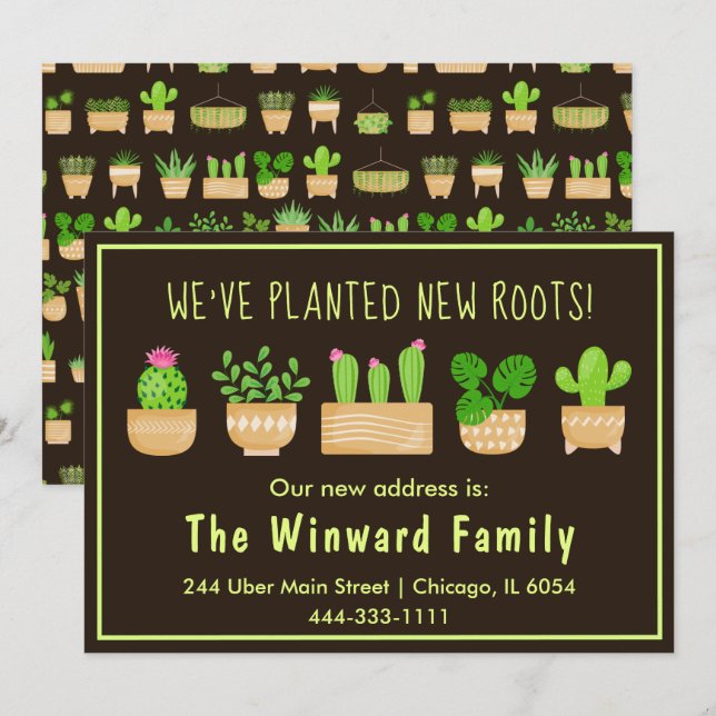 Faire-part Maison Plantes Cactus Dark Brown Nouveau Accueil A (Devant / Derrière)