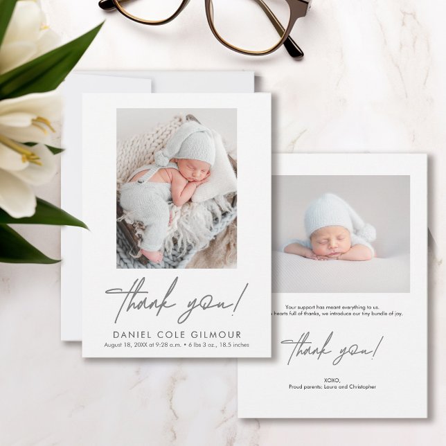 Faire-part Manufacture Script Merci photo bébé naissance (Cute, modern, simple customizable baby photos, thank you, birth announcement flat cards.)