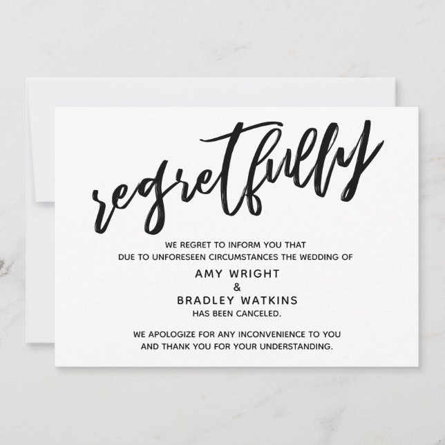 Faire-part manuscrit de mariage annulé avec regret (Devant)