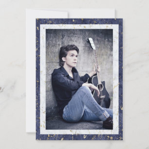 Faire-part Marbre blanc Bleu Élégant Avec Photo