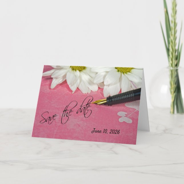Faire-part marguerite et stylo enregistrer la date (Devant)