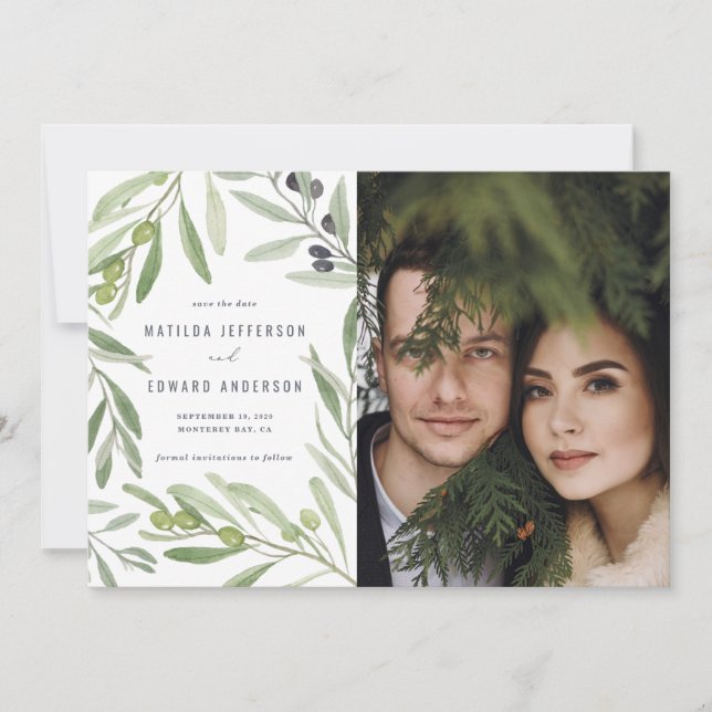 Faire-part Mariage à feuillage de branche d'olive verte minim (Devant)