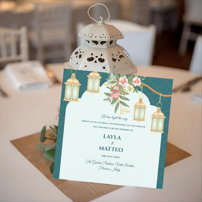 Faire-part Mariage à la lanterne dorée bleue sarcelle florale (Floral Teal Blue Golden Lantern Wedding Announcement)