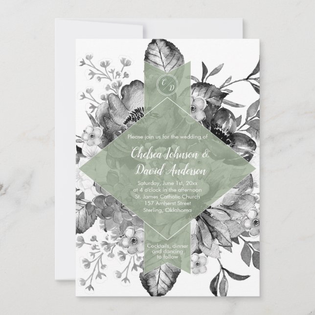 Faire-part Mariage aquarelle floral noir blanc vert (Devant)