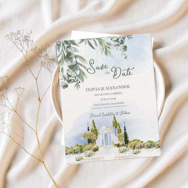 Faire-part Mariage au jardin du pavillon d'été, Save the Date (Estate Garden Pavilion Save the Date | Watercolor Outdoor Wedding Gazebo Announcement)