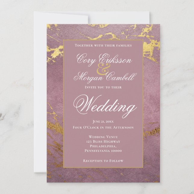 Faire-part Mariage avec joli marbré rose et or (Devant)