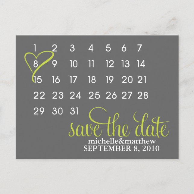 Faire-part Mariage Calendrier Vert Lime (Devant)