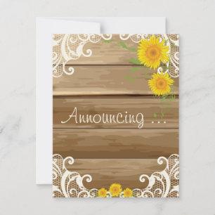 Faire-part Mariage de Tournesols en Bois de Grange et Dentell