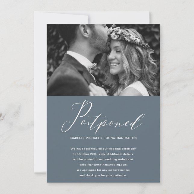 Faire-part Mariage Dusty Blue Postponction Nouvelle Date Phot (Devant)