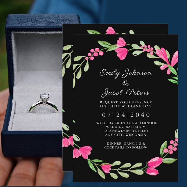 Faire-part Mariage Élégance Florale Verte sur Fond Noir (Créateur téléchargé)