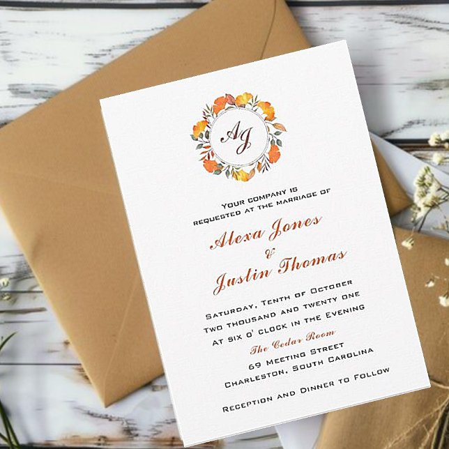 Faire-part Mariage élégant avec feuillage d'automne et monogr (Créateur téléchargé)