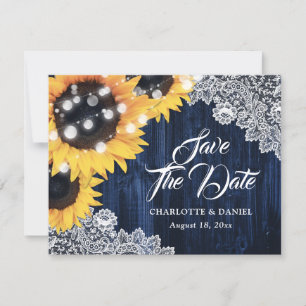 Faire-part Mariage Élégant Bleu Nuit Bois Dentelle Tournesol