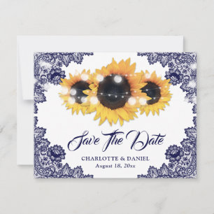 Faire-part Mariage Élégant Bleu Nuit Fleur de Lace Tournesol