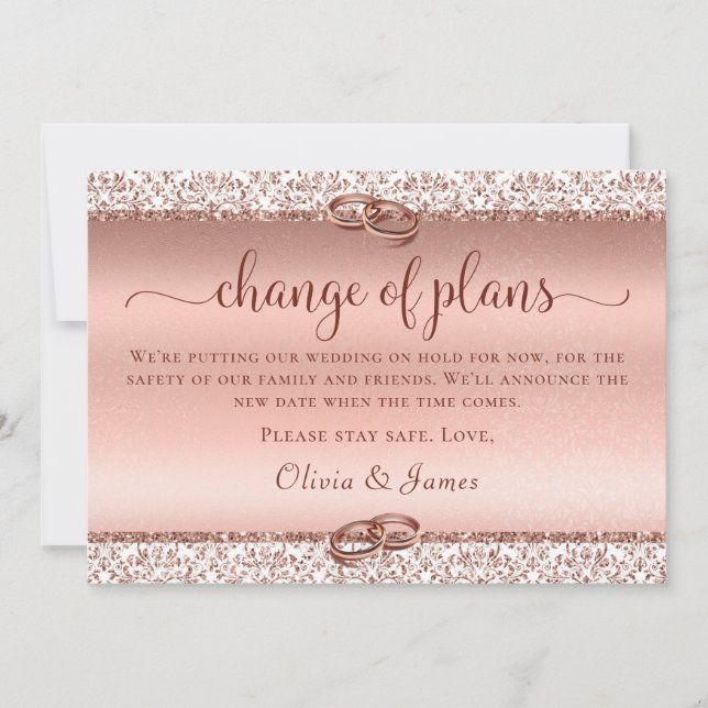 Faire-part Mariage Élégant Rose Gold Changement de Plans (Devant)