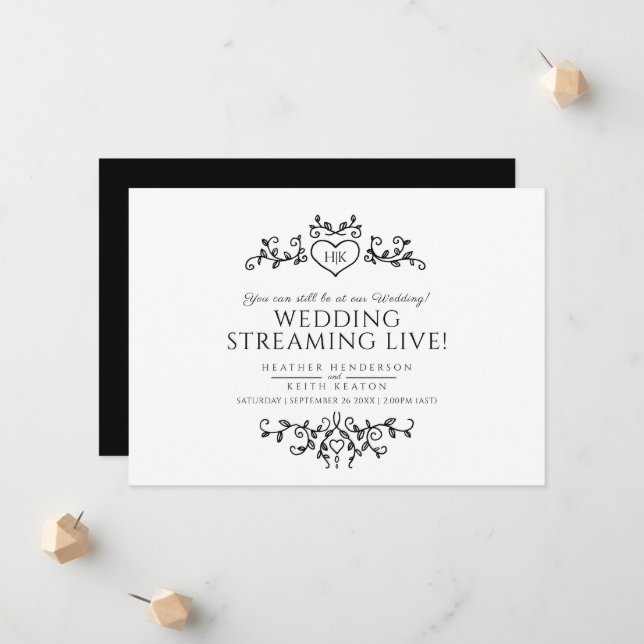 Faire-part Mariage en direct avec feuilles blanches et noires (Devant/Arrière en situation)