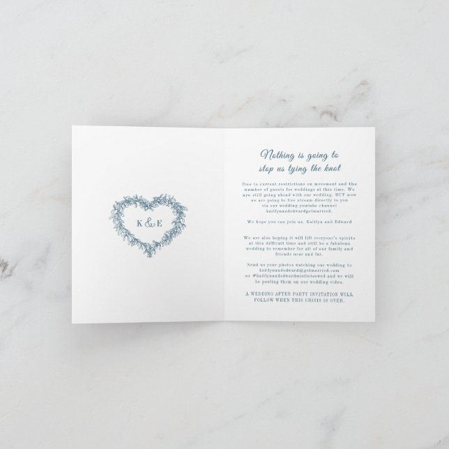 Faire-part Mariage en direct avec gui bleu blanc monogramme (Intérieur)