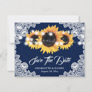 Faire-part Mariage Fleur de Tournesol en Toile de Jute Bleu M