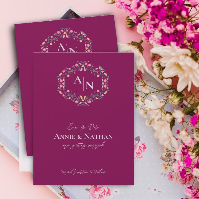 Faire-part Mariage floral monogramme rouge complex (Monogram Red Intricate Floral Wedding Announcement)