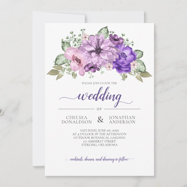 Faire-part Mariage Floral Ultra Violet Pourpre Rose Greenery (Devant)