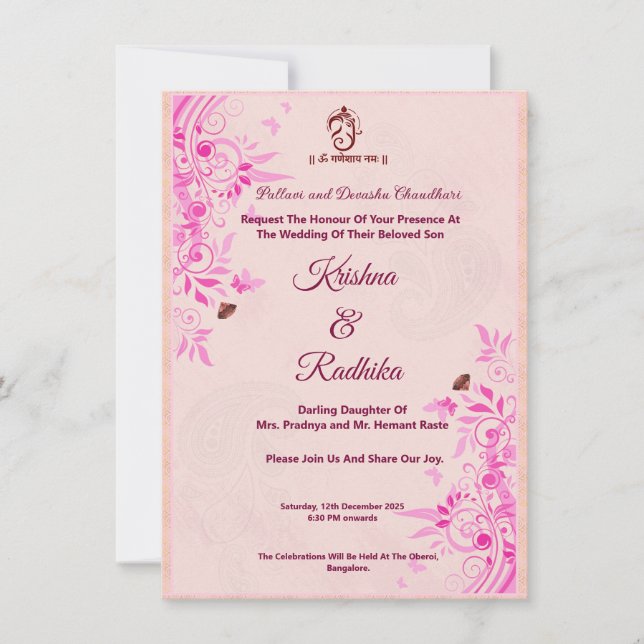 Faire-part Mariage indien Ganesha rose  (Devant)