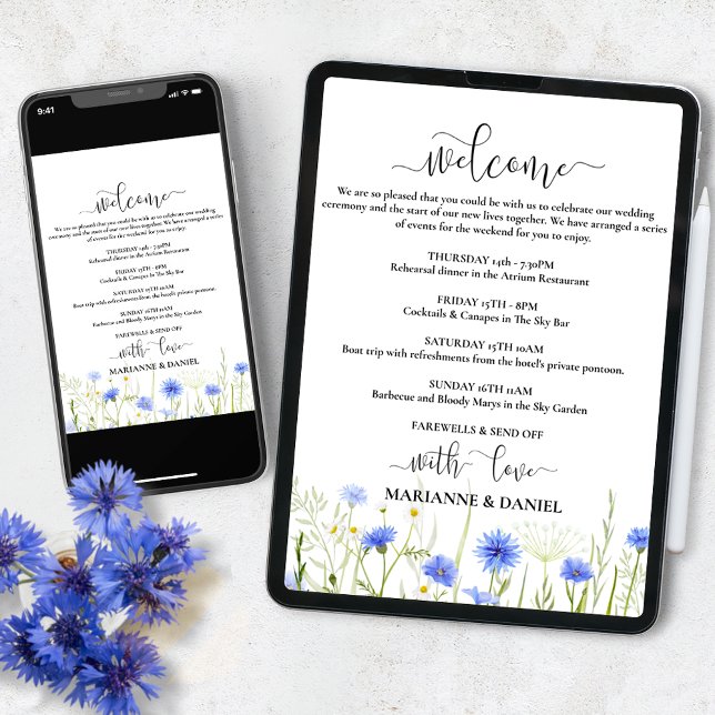 Faire-part Mariage Itinéraire Blue Floral Digital Agenda (Créateur téléchargé)