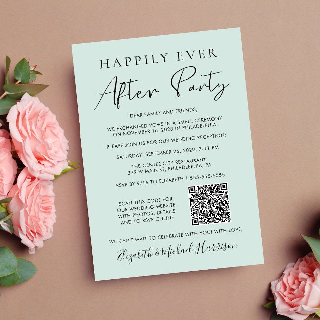 Faire-part Mariage Mint Création de Code QR de Photo Après Ch (Input your wedding website address to automatically generate a scannable QR code)