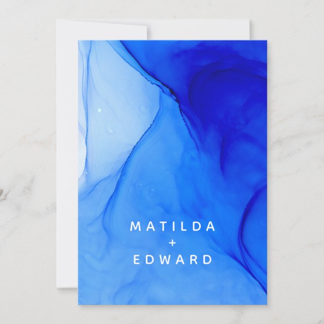 Faire-part mariage moderne élégant bleu et blanc (Devant)